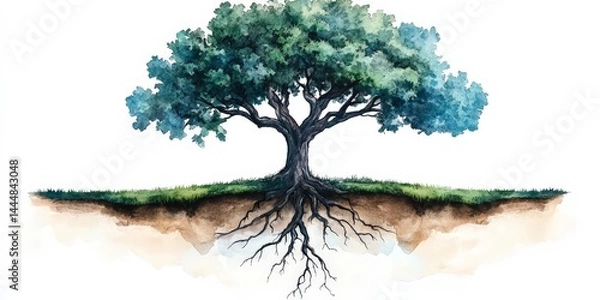 Fototapeta Symbolic Watercolor Tree with Visible Roots Representing Nature's Connection