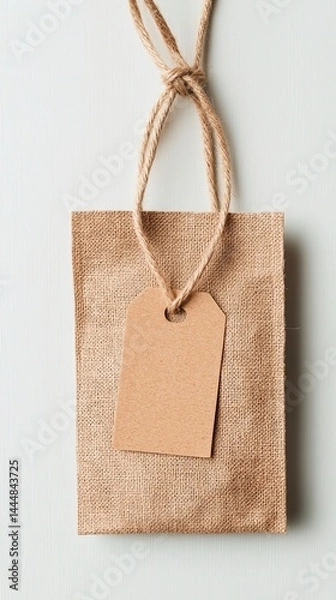 Fototapeta Brown Paper Bag with Blank Tag and String on White Wooden Background