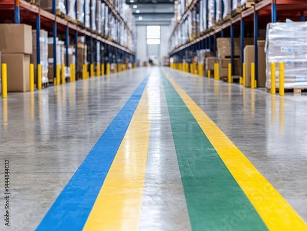 Obraz Color coded lines on warehouse floor guide safe navigation