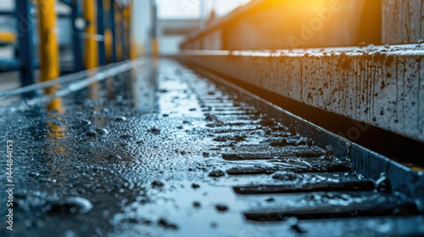 Obraz Wet industrial floor with sunlight reflection creates gritty atmosphere