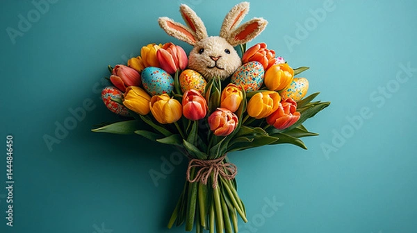 Obraz Easter cheer in the picture! An overhead view of a bouquet decorated with tulips and vibrant eggs, complete with quirky bunny ears. Shown on a mint green background.