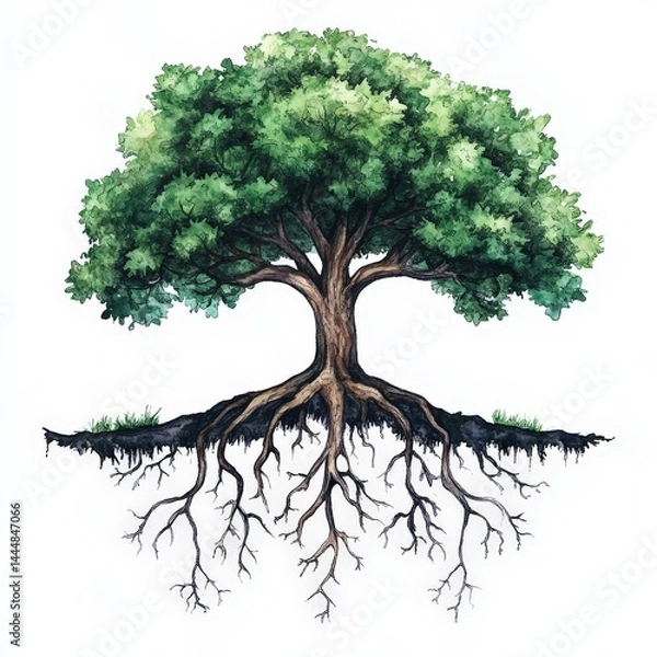 Fototapeta Symbolic Watercolor Tree with Visible Roots Representing Nature's Connection