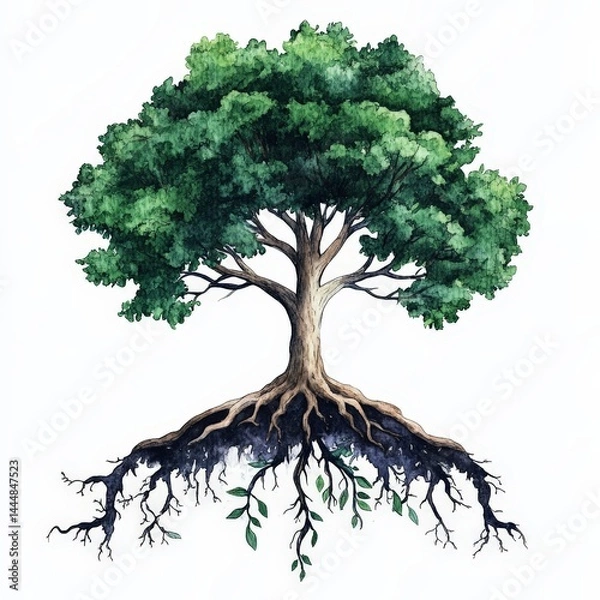 Fototapeta Symbolic Watercolor Tree with Visible Roots Representing Nature's Connection