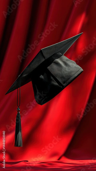 Obraz Graduation Cap on Red Drape: A black graduation cap with tassel elegantly poised against a rich red fabric backdrop, symbolizing achievement and the commencement of a new chapter.