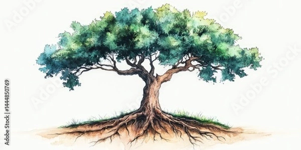 Fototapeta Symbolic Watercolor Tree with Visible Roots Representing Nature's Connection