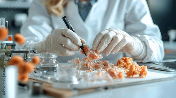 Fototapeta Scientist in lab coats with gloves analyzes samples. Examining a substance with marker potentially for research or analysis. Application in food science or medical investigation.