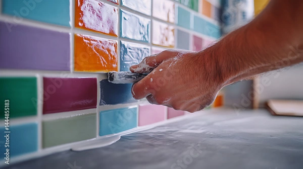 Fototapeta Hand Applying Grout Between Colorful Tiles