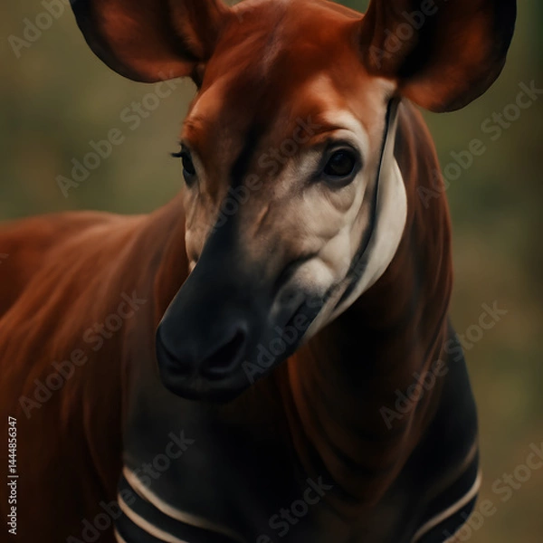 Fototapeta Close-up of an okapi's head with its distinctive stripes and large ears