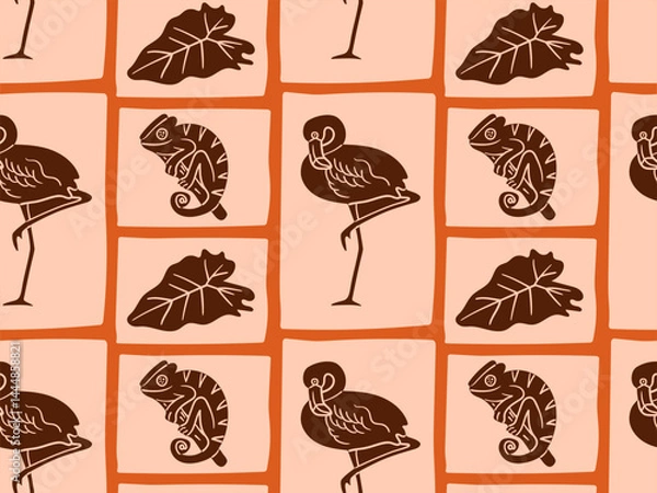 Fototapeta Seamless doodle pattern with flamingo, chameleon, and tropical leaf, hand-drawn with pen imitation. Great for rainforest-themed textiles, kids decor, and eco packaging.