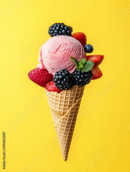 Fototapeta Summer berries ice cream in an ice cream cone garnished with fresh strawberries and blackberries. Isolated on a yellow background with food styling elements