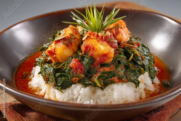 Fototapeta Plasas – Sierra Leonean Green Leaf Stew with Rice and Chicken
