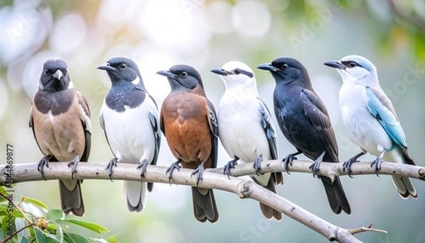 Fototapeta Close-up of various migratory bird species perched on tree branches, soft bokeh background