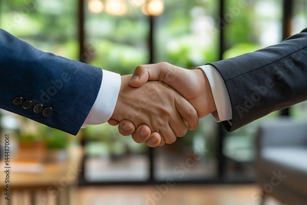 Fototapeta Handshake between two suited professionals, with greenery and windows softly blurred in the background