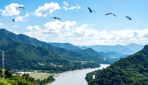 Fototapeta Birds flying over mountain ranges and rivers, vibrant and harmonious nature background