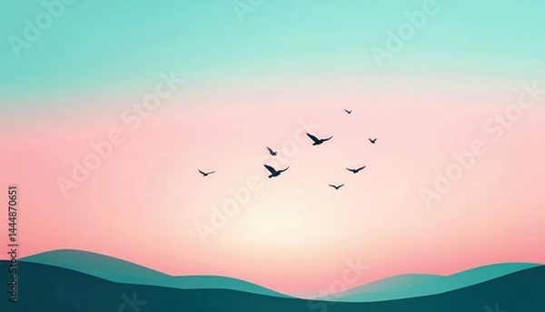 Fototapeta Minimalist depiction of bird silhouettes against a gradient sky, clean and symbolic