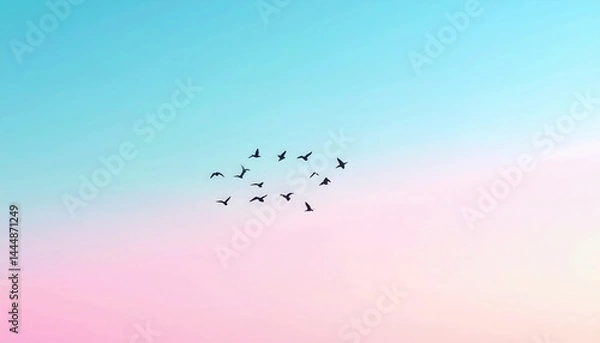 Fototapeta Minimalist depiction of bird silhouettes against a gradient sky, clean and symbolic