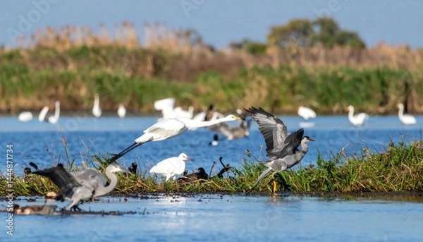 Fototapeta Diverse migratory birds with ecosystem elements, clean and colorful