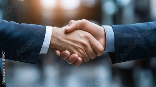 Fototapeta Two hands in formal business attire meet in a firm handshake with soft light in the background