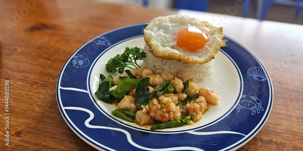 Fototapeta Stir fried prawn with bird’s eye chilies with streamed rice serving on blue plate