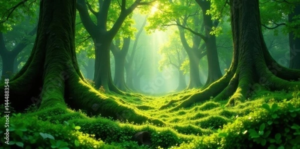 Fototapeta Emerald moss carpet, ancient trees, dappled sunlight, organic, undergrowth