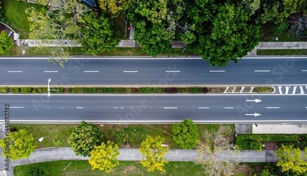 Fototapeta A safe road with signs, sidewalks, and trees, top-down perspective