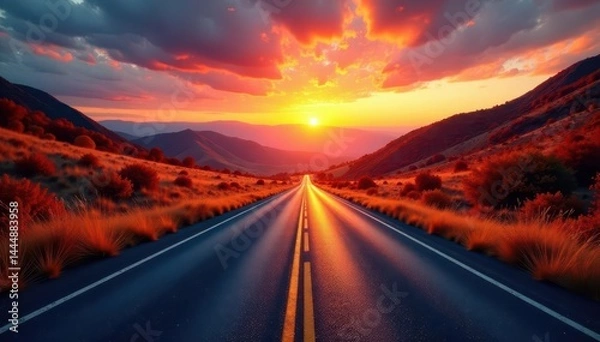 Fototapeta Asphalt road cuts through fiery autumn hills at sunset , november, autumn