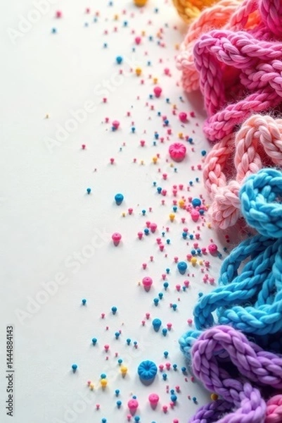 Fototapeta White knitted backdrop, multicolored speckles, backdrop, craft