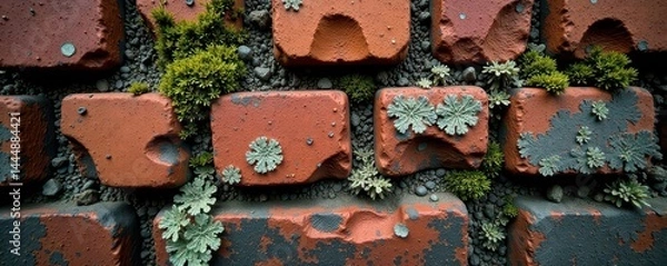 Fototapeta Uneven surface, intertwined roots, lichen-spotted brick, lichen, grunge, aged