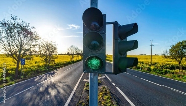 Fototapeta Artistic traffic light glowing green with clear road ahead, symbol of safety and order