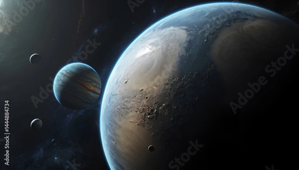 Fototapeta Alien planet system in deep space. Multiple planets orbit a central star