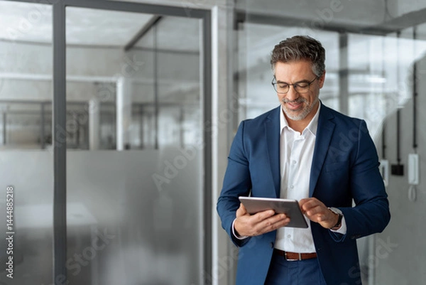 Fototapeta Executive man in suit working using computer for financial business banking work. Smiling senior mature Indian or Latin entrepreneur businessman looking at digital tablet screen in office. Copy space 