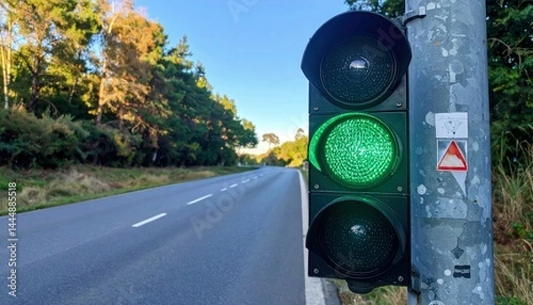 Fototapeta Artistic traffic light glowing green with clear road ahead, symbol of safety and order