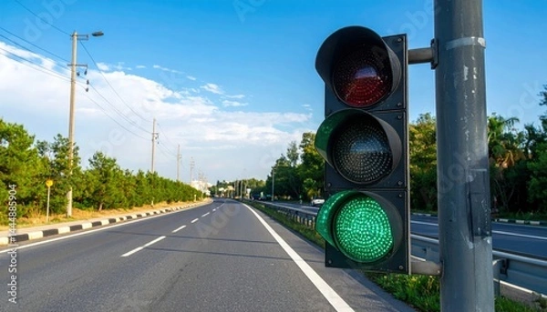 Fototapeta Artistic traffic light glowing green with clear road ahead, symbol of safety and order