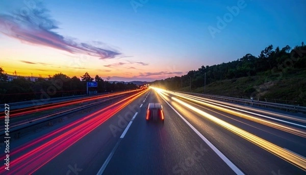 Fototapeta Motion blur of a car driving safely on a well-lit highway at dusk, dynamic yet calm