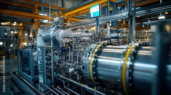 Fototapeta Complex piping and machinery are visible at a vacuum distillation unit located in an oil refinery, emphasizing the intricate design and engineering of hydrocarbon processing equipment
