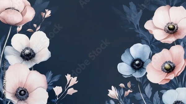 Fototapeta watercolor drawing of anemone on dark backdrop. painting flowers background. illustration floral nature.  flower wallpaper for greeting cards, weddings or birthdays. Copy space. space for text