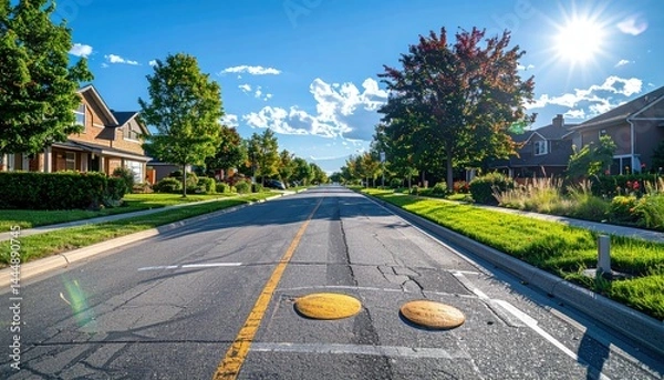 Fototapeta Peaceful suburban street with speed bumps and safe school zone markings, sunny atmosphere