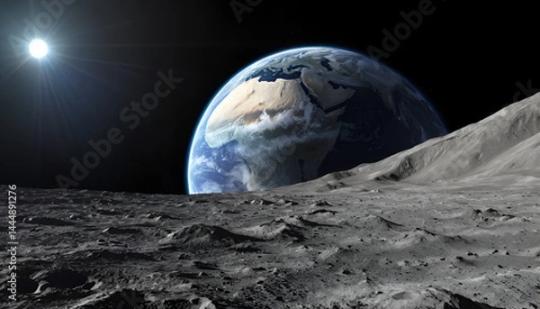Fototapeta Earth seen from the moon's surface, a breathtaking view of our planet from another celestial body