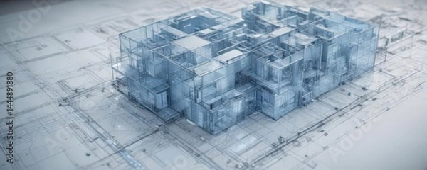 Obraz Abstract architectural blueprint with blue photographic tint, faded edges , overlay, construction, technical
