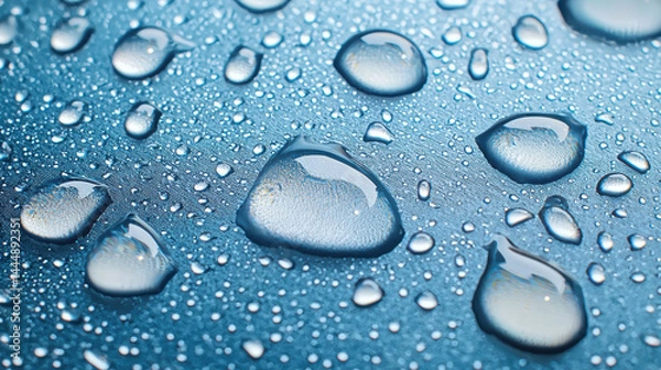 Fototapeta Macro photograph of raindrops on blue surface showing water droplets with clear reflections and smooth texture