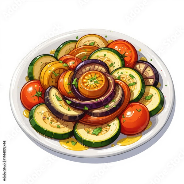 Fototapeta Plate of ratatouille with colorful slices of zucchini, eggplant, and tomato garnished with herbs and olive oil
