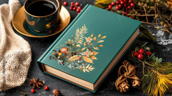 Fototapeta Green hardcover book with floral design lies dark surface surrounded by cup of coffee, pine cones, and red berries