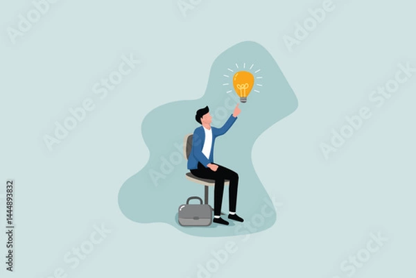 Fototapeta Business idea, business leader entrepreneur gets solution to solve business problem or creativity thinking concept, smart businessman is sitting thinking and gets bright light bulb on his finger