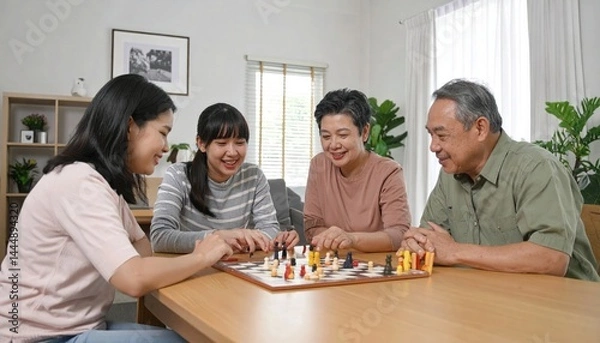 Fototapeta A Multi-Generational Family Enjoying a Board Game Together in a Living Room
