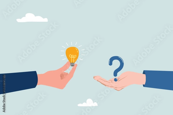 Fototapeta Question and answer, solving problem or business solution, ask for reply or idea to solve difficulty and trouble, FAQ concept, businessman hand holding question mark with other reply with lightbulb.