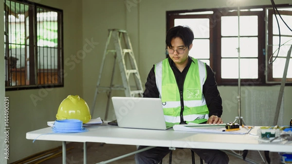 Fototapeta Engineer reviewing project plans and using laptop at a work table