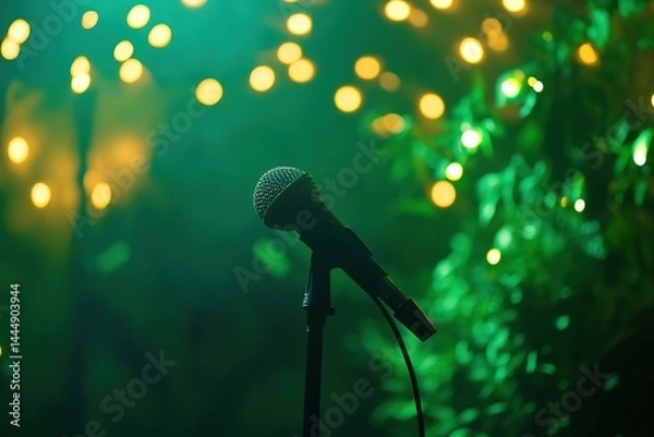 Obraz Microphone on Stand with Bokeh Lights, Stage Setup, Performance Ready, Backlit