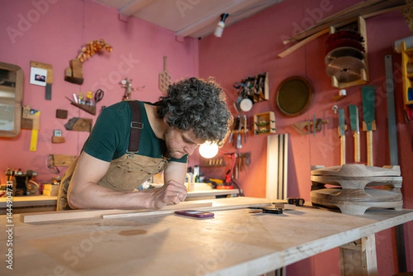 Obraz Professional woodworker confirms order requirements on smartphone during initial project setup phase. Workshop preparation quality control, craftsmanship standards assessment, clients orders check