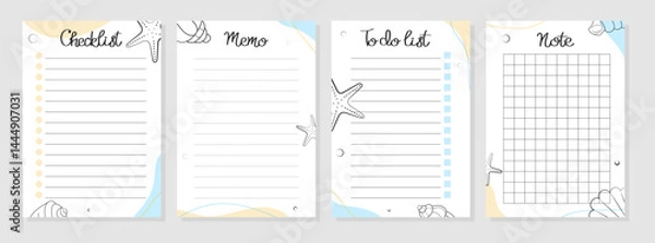 Fototapeta Set of Summer paper sheets with Sea ​​creatures and shells. To do list, note, memo, checklist for agenda, planner, notebook, diary and other stationery. Layout A5