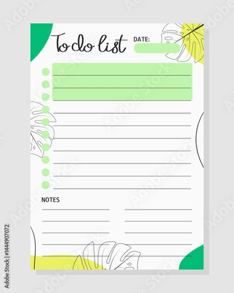 Fototapeta Summer to do list with monstera leaves. Template for print, planner, diary, shopping, organizer, checklist, notes.